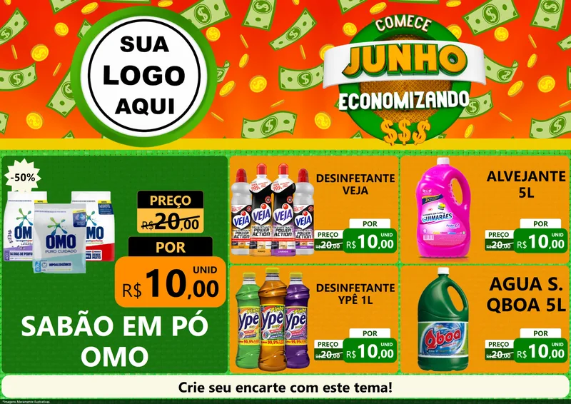 Modelo de Encarte para Encarte A4 Horizontal com o tema Comece Junho Economizando para Produtos de Limpeza