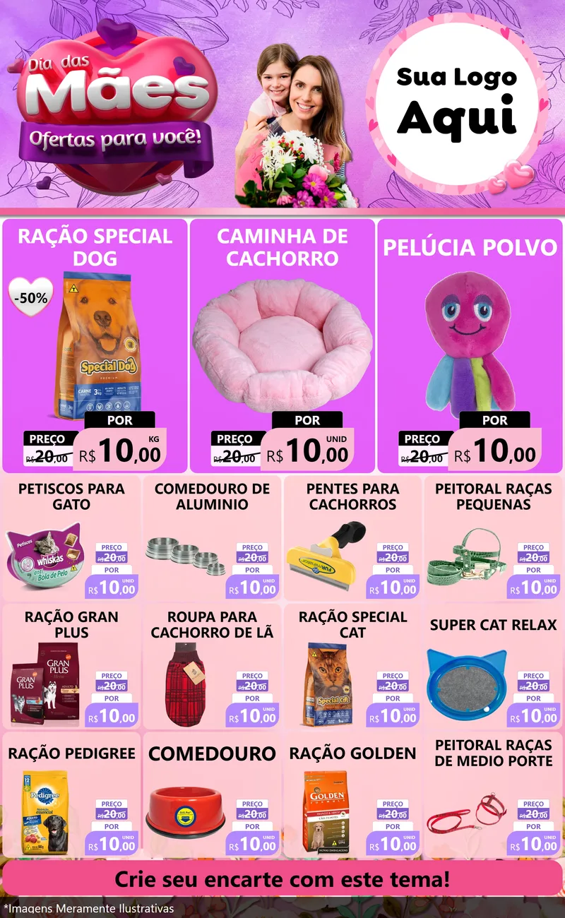 Modelo de Encarte para Encarte Grande com o tema Dia das Mães Ofertas para Você! para Pet Shop