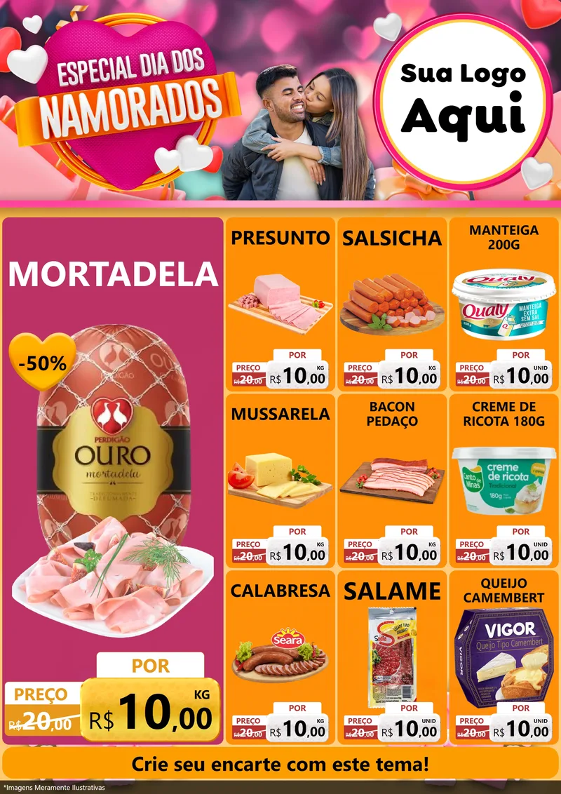 Modelo de Encarte para Encarte A4 Vertical com o tema Especial Dia dos Namorados para Frios e Laticínios