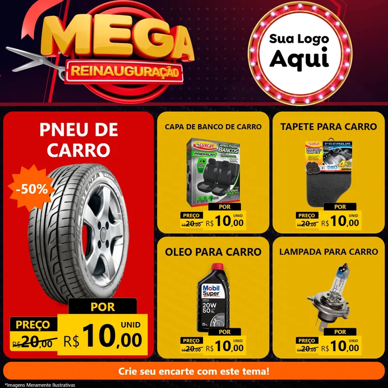 Modelo de Rede Social para Feed Facebook com o tema Mega Reinauguração para Auto peças