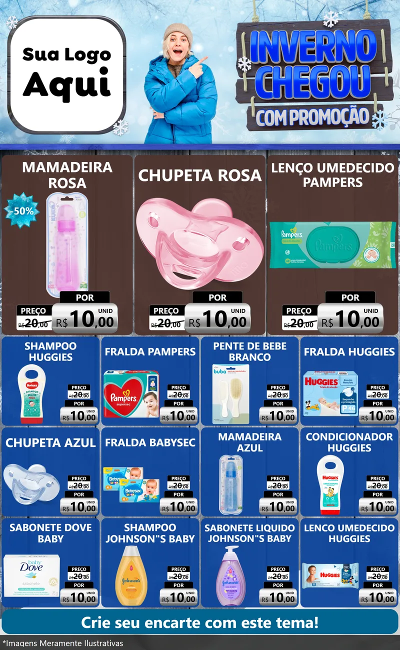 Modelo de Encarte para Encarte Grande com o tema Inverno Chegou Com Promoção para Bebês