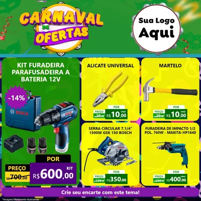 Modelo de Rede Social para Feed Facebook com o tema Carnaval de Ofertas para Maquinas e Ferramentas