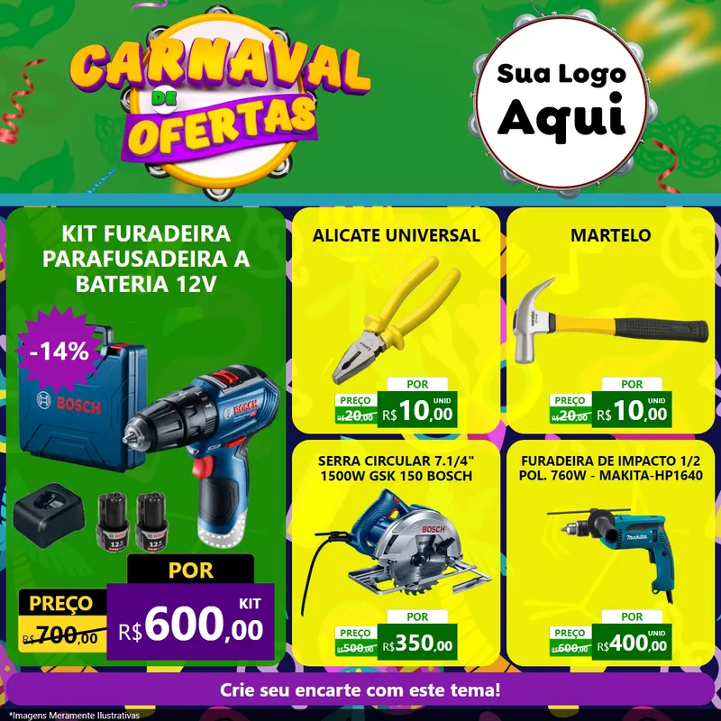 Modelo de Rede Social para Feed Facebook com o tema Carnaval de Ofertas para Maquinas e Ferramentas