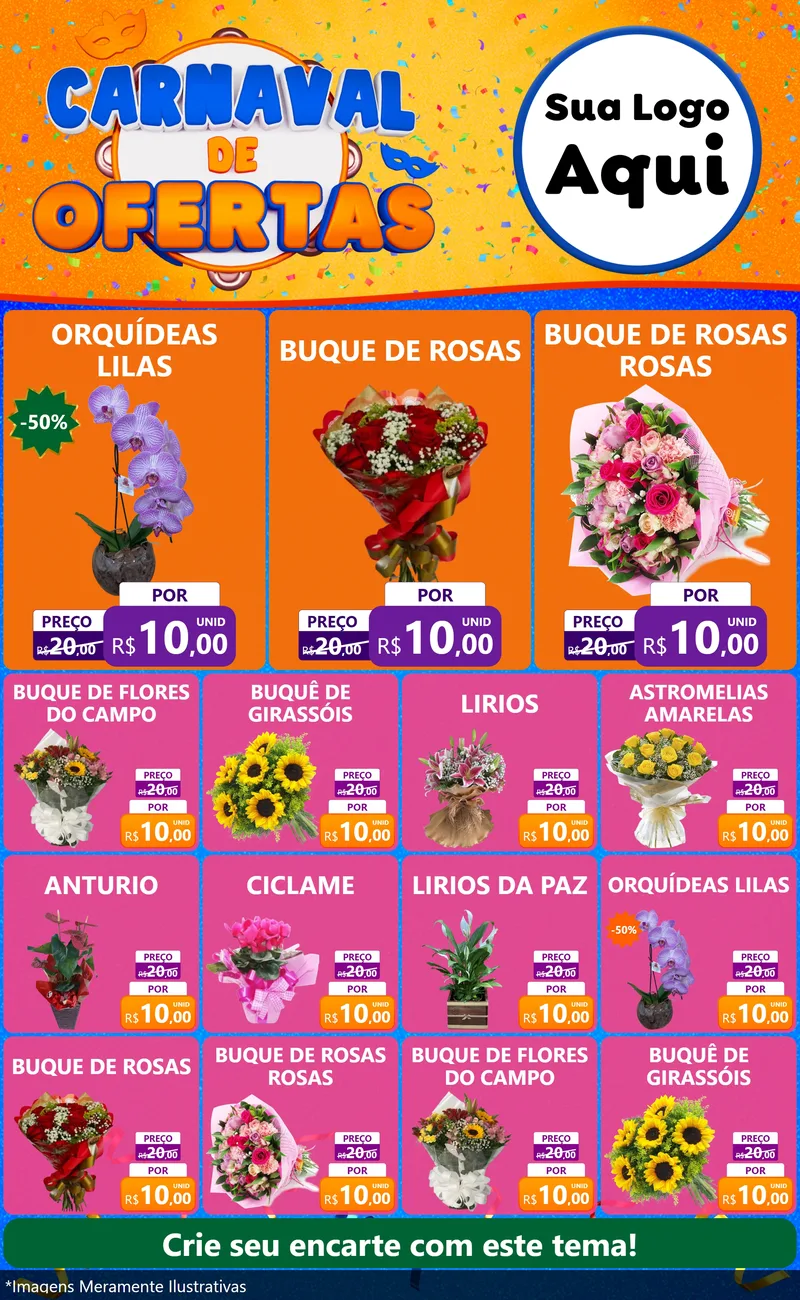 Modelo de Encarte para Encarte Grande com o tema Carnaval de Ofertas para Floricultura e jardim