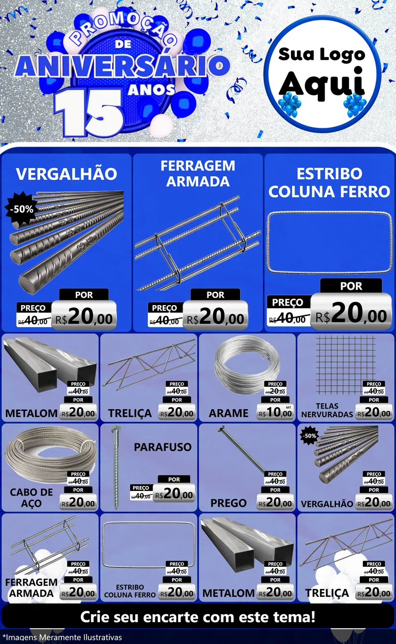 Modelo de Encarte para Encarte Grande com o tema Promoção de Aniversário - 15 Anos para Ferragens