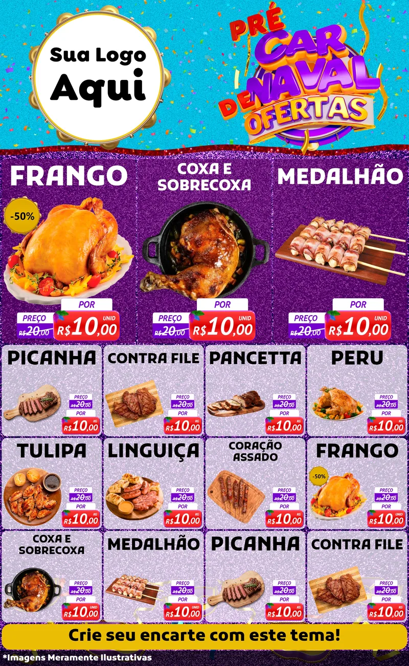 Modelo de Encarte para Encarte Grande com o tema Pré Carnaval de Ofertas para Assados