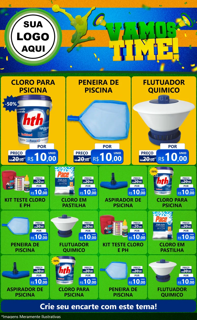 Modelo de Encarte para Encarte Grande com o tema Vamos Time! para Produtos para Piscina