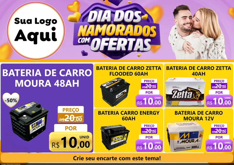 Modelo de Encarte para Encarte A4 Horizontal com o tema Dia Dos Namorados Com Ofertas para Baterias Elétricas