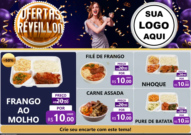 Modelo de Encarte para Encarte A4 Horizontal com o tema Ofertas de Réveillon para Restaurante