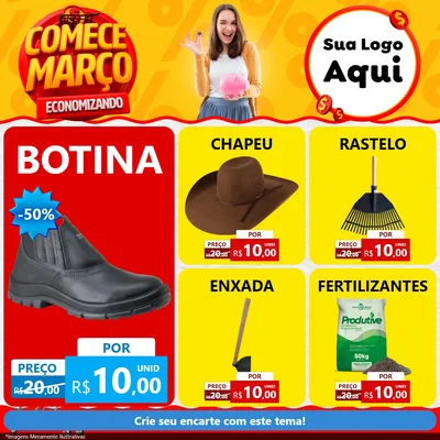 Modelo de Rede Social para Feed Facebook com o tema Comece Março Economizando para Agropecuária