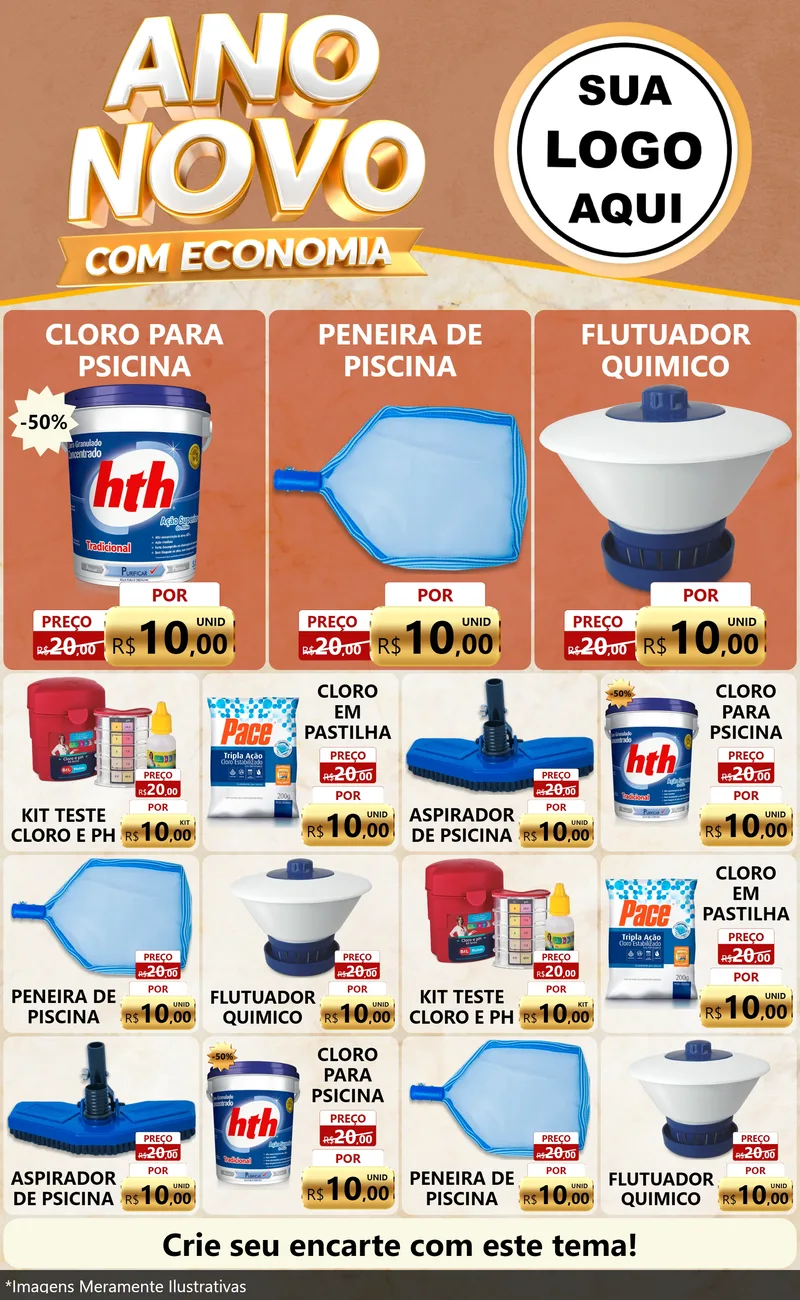 Modelo de Encarte para Encarte Grande com o tema Ano Novo Com Economia para Produtos para Piscina