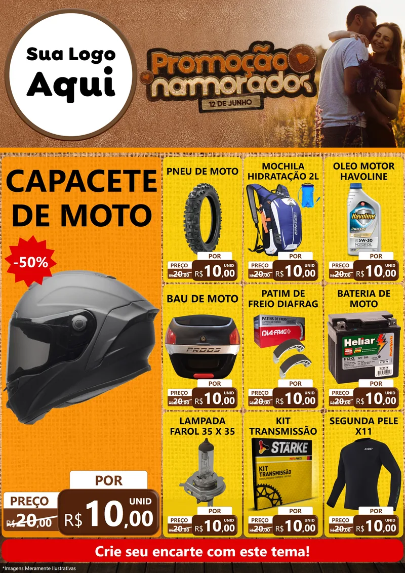 Modelo de Encarte para Encarte A4 Vertical com o tema Promoção Namorados para Moto peças