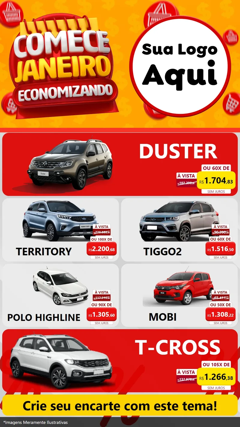 Modelo de TV para TV Vertical com o tema Comece Janeiro Economizando para Concessionaria de Carros