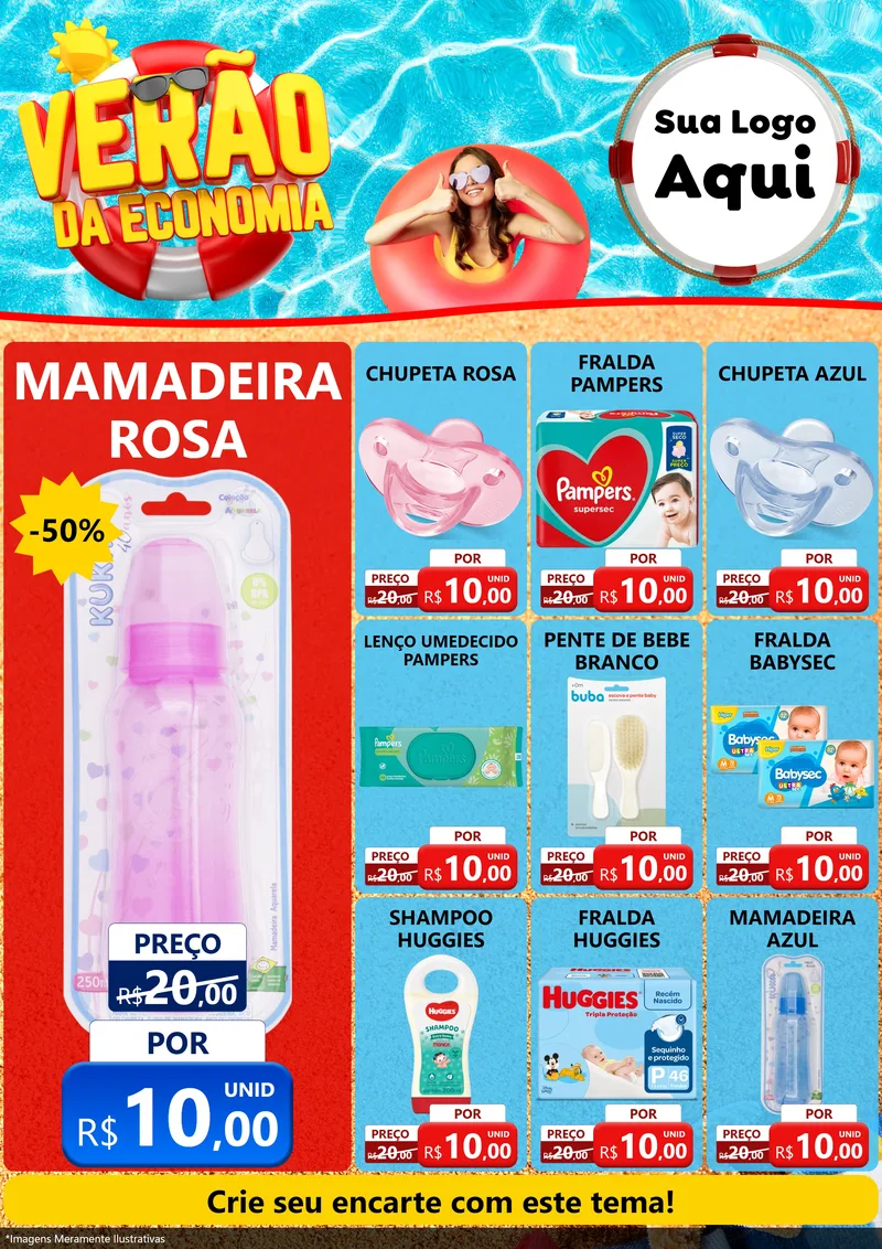 Modelo de Encarte para Encarte A4 Vertical com o tema Verão da Economia para Bebês