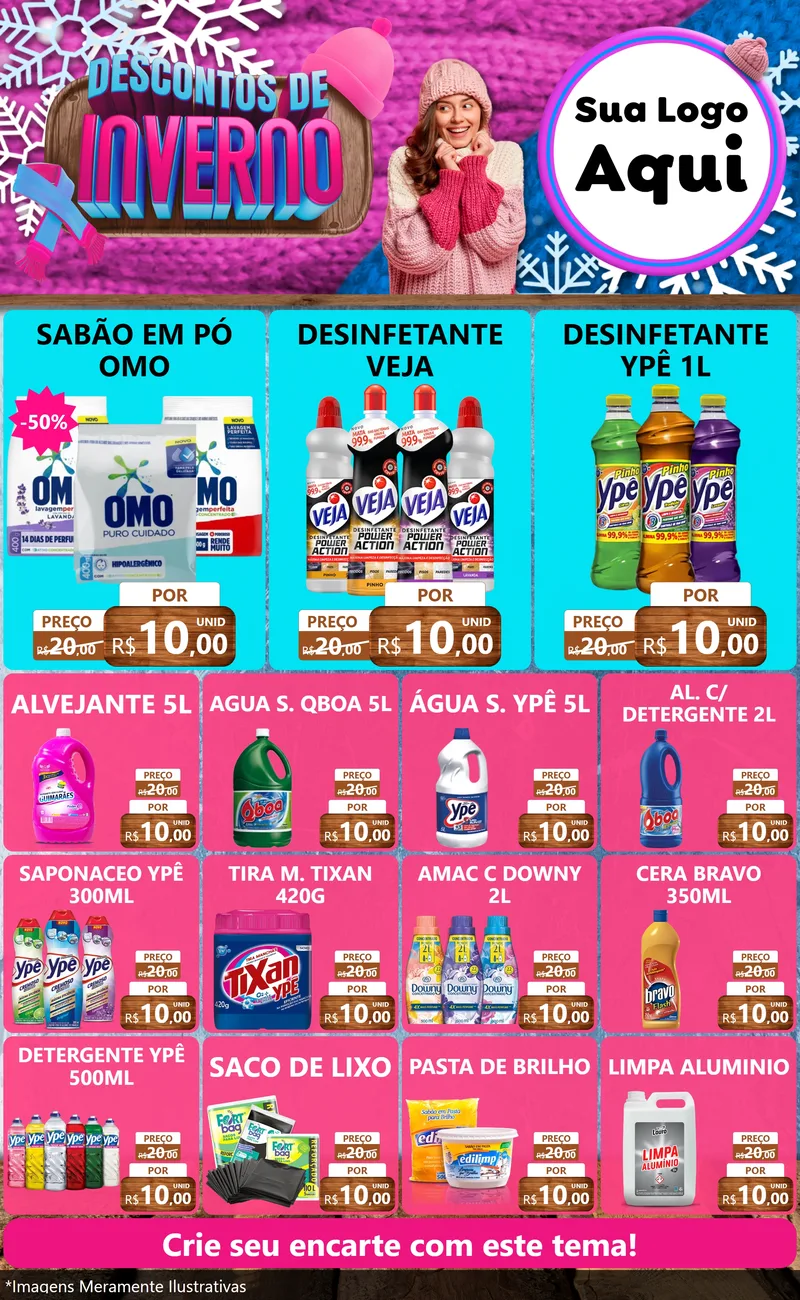 Modelo de Encarte para Encarte Grande com o tema Descontos de Inverno para Produtos de Limpeza