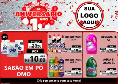 Modelo de Encarte para Encarte A4 Horizontal com o tema Promoção de Aniversário - 1 Ano para Produtos de Limpeza