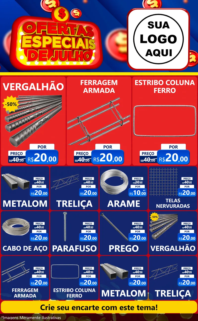 Modelo de Encarte para Encarte Grande com o tema Ofertas Especiais de Julho para Ferragens