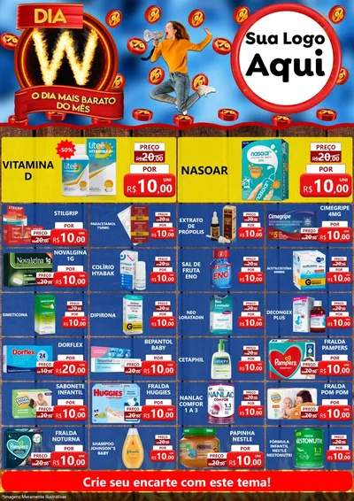 Modelo de Encarte para Encarte A4 Vertical com o tema Dia W - O Dia Mais Barato Do Mês para Farmácia