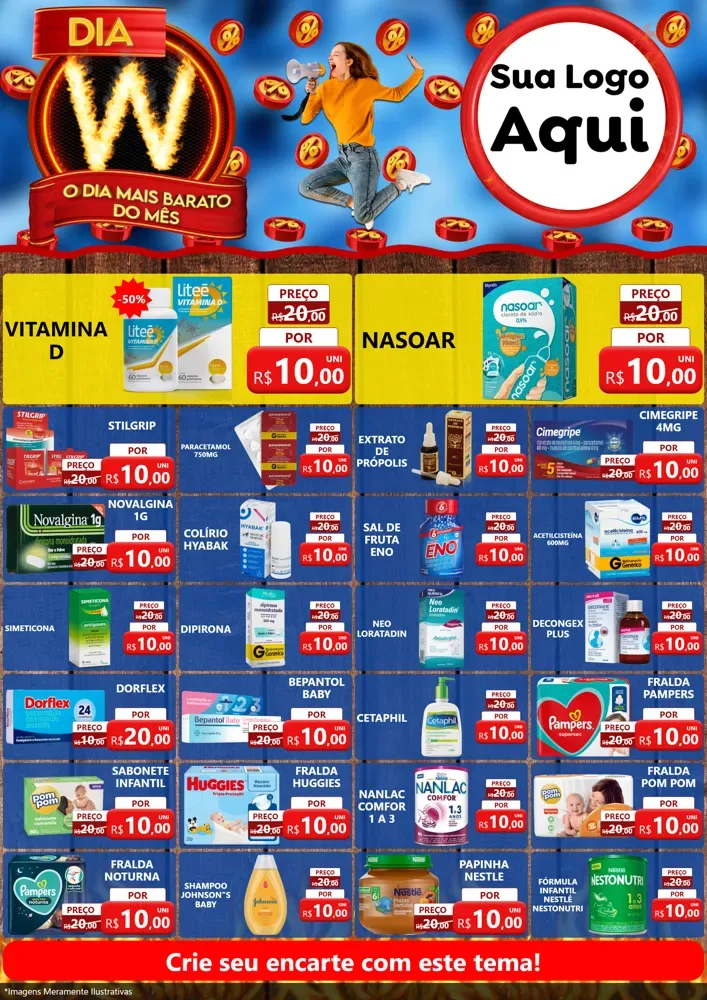 Modelo de Encarte para Encarte A4 Vertical com o tema Dia W - O Dia Mais Barato Do Mês para Farmácia