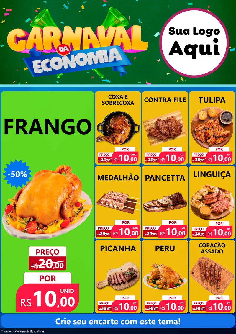 Modelo de Encarte para Encarte A4 Vertical com o tema Carnaval da Economia para Assados