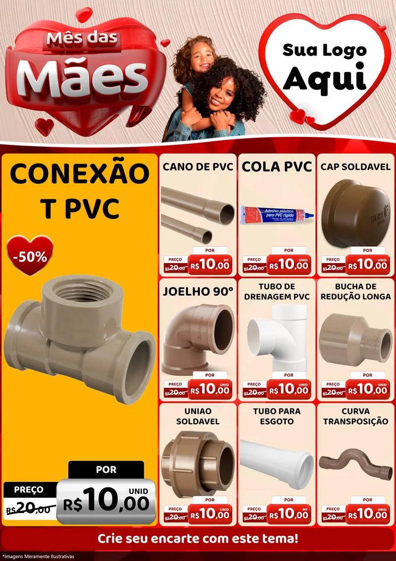 Modelo de Encarte para Encarte A4 Vertical com o tema Mês das Mães para Tubos e conexões