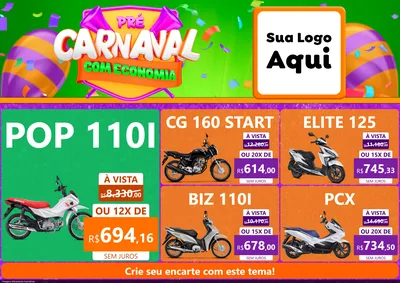 Modelo de Encarte para Encarte A4 Horizontal com o tema Pré-Carnaval Com Economia para Concessionaria de Motos