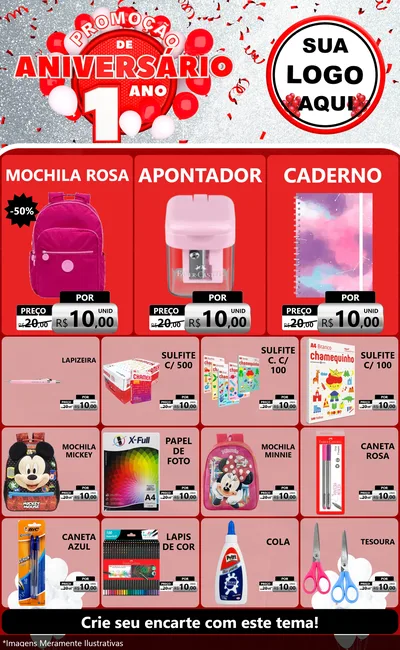 Modelo de Encarte para Encarte Grande com o tema Promoção de Aniversário - 1 Ano para Papelaria