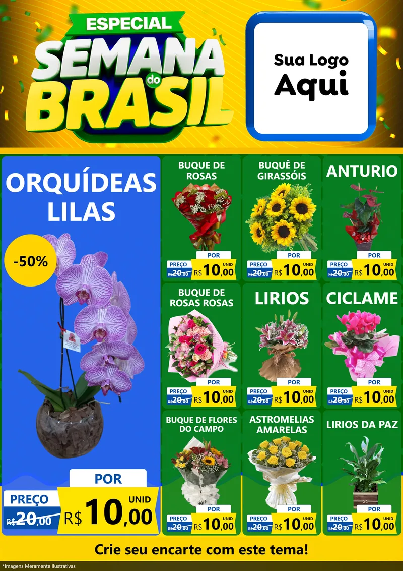 Modelo de Encarte para Encarte A4 Vertical com o tema Especial Semana do Brasil para Floricultura e jardim