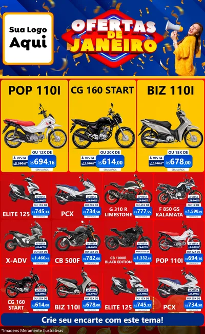 Modelo de Encarte para Encarte Grande com o tema Ofertas de Janeiro para Concessionaria de Motos