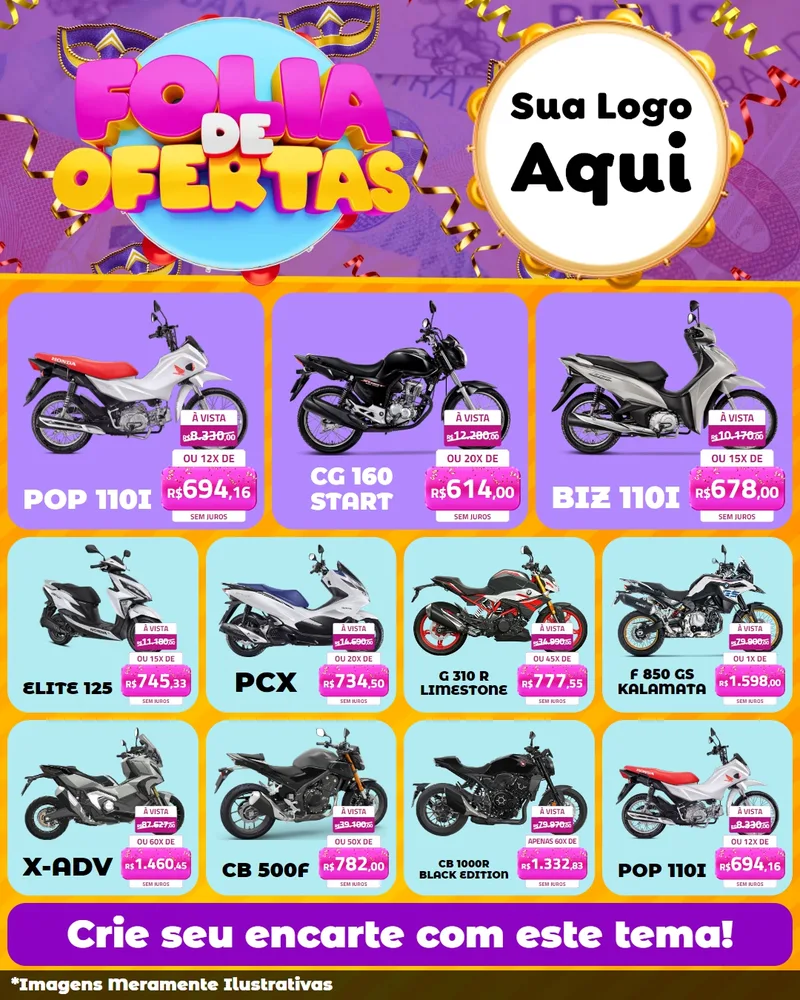 Modelo de Rede Social para Feed Instagram com o tema Folia de Ofertas para Concessionaria de Motos
