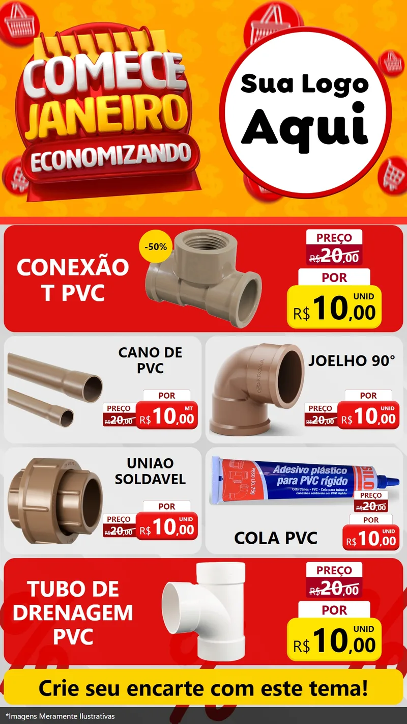 Modelo de TV para TV Vertical com o tema Comece Janeiro Economizando para Tubos e conexões