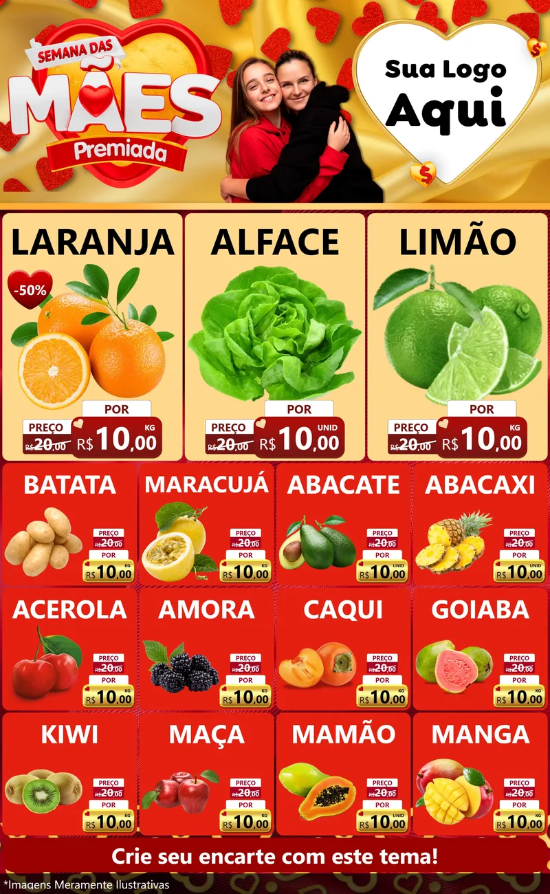 Modelo de Encarte para Encarte Grande com o tema Semana das Mães Premiada para Hortifrúti