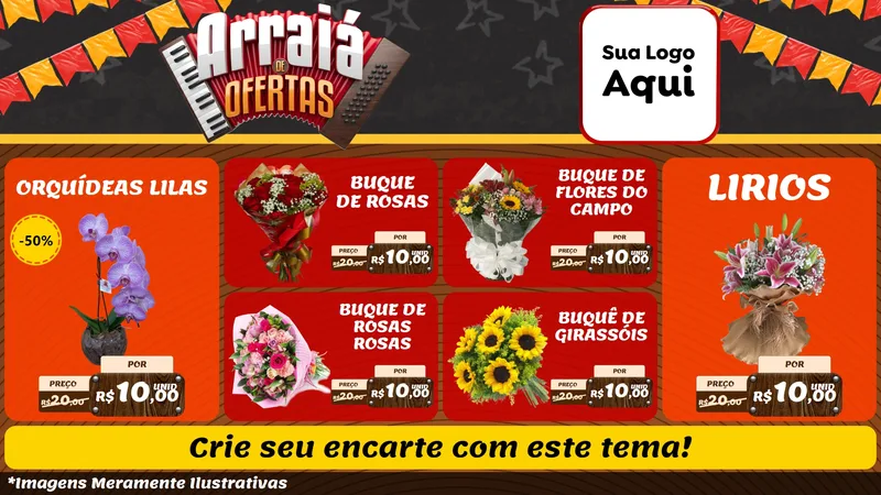 Modelo de TV para TV Horizontal com o tema Arraiá de Ofertas - Junina para Floricultura e jardim