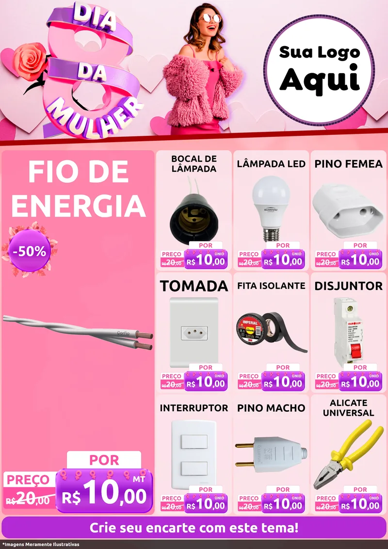 Modelo de Encarte para Encarte A4 Vertical com o tema Dia da Mulher para Materiais Elétricos