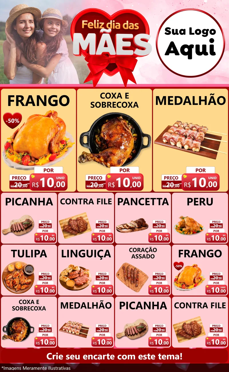 Modelo de Encarte para Encarte Grande com o tema Feliz Dia Das Mães para Assados