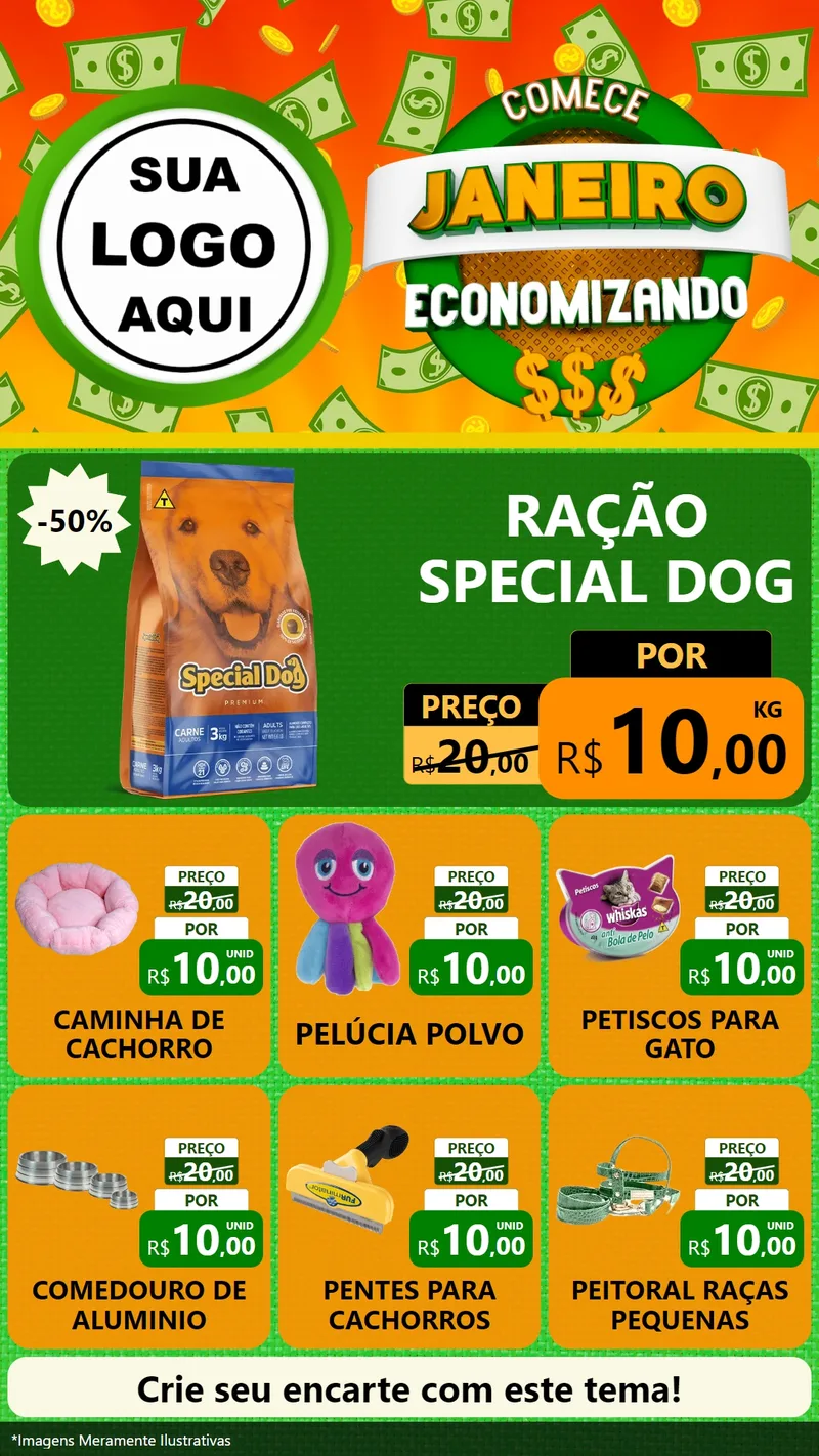 Modelo de Rede Social para Stories com o tema Comece Janeiro Economizando para Pet Shop