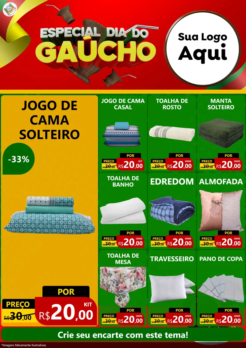 Modelo de Encarte para Encarte A4 Vertical com o tema Especial Dia do Gaúcho para Cama, Mesa e Banho