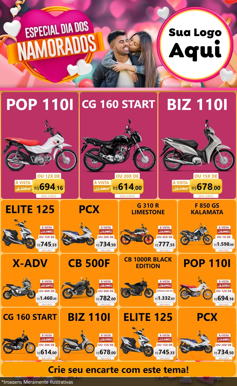 Modelo de Encarte para Encarte Grande com o tema Especial Dia dos Namorados para Concessionaria de Motos
