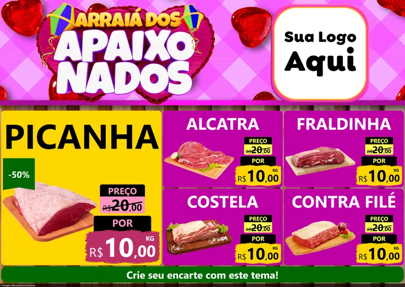 Modelo de Encarte para Encarte A4 Horizontal com o tema Arraiá dos Apaixonados para Açougue