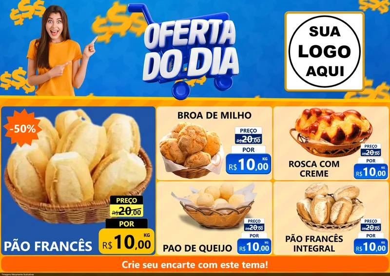 Modelo de Encarte para Encarte A4 Horizontal com o tema Oferta do Dia para Padaria