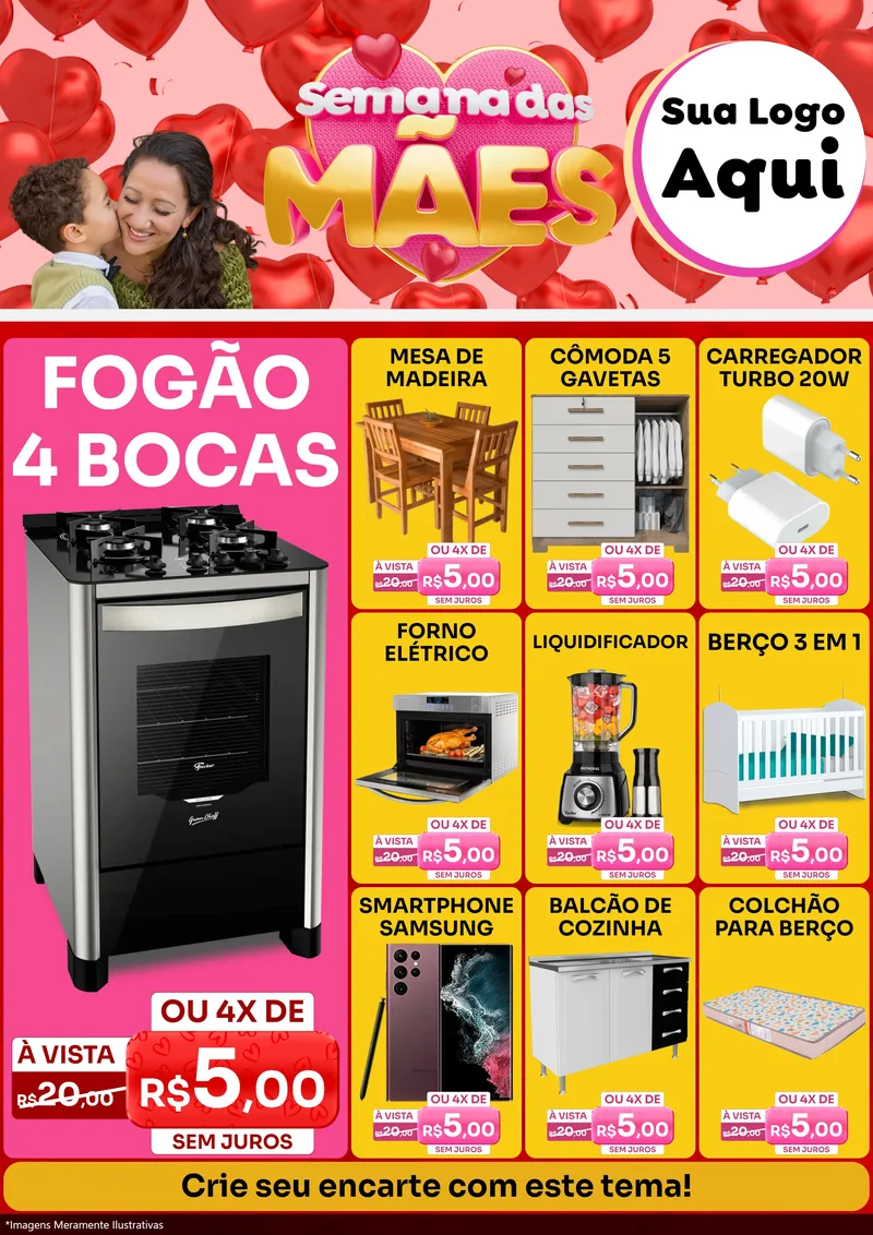 Modelo de Encarte para Encarte A4 Vertical com o tema Semana Das Mães para Móveis e Eletro