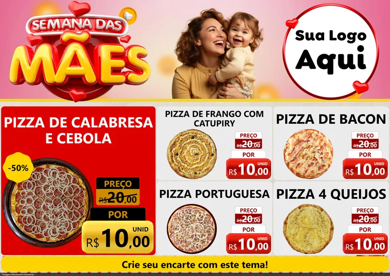 Modelo de Encarte para Encarte A4 Horizontal com o tema Semana das Mães para Pizzaria