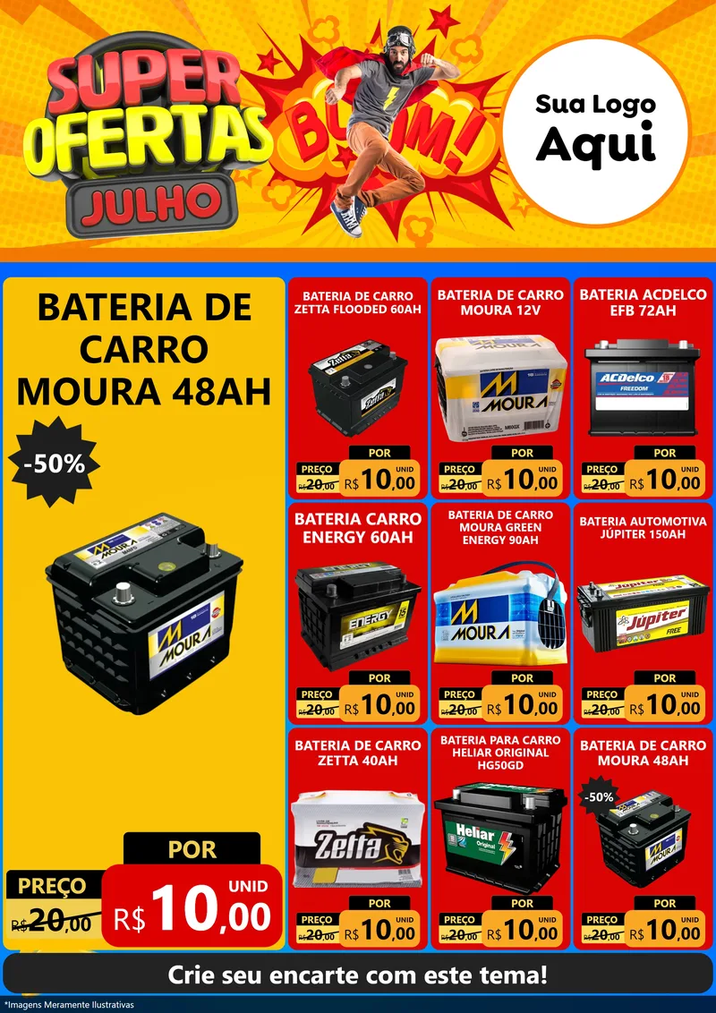 Modelo de Encarte para Encarte A4 Vertical com o tema Super Ofertas Julho para Baterias Elétricas