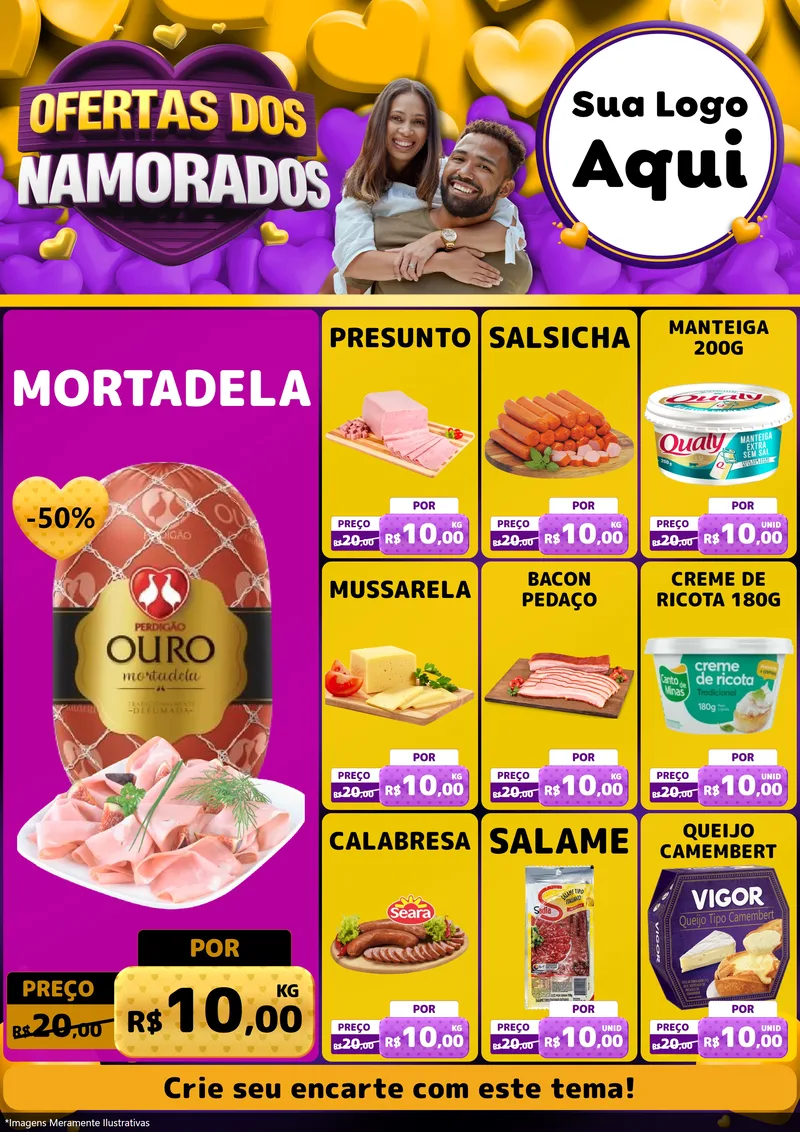 Modelo de Encarte para Encarte A4 Vertical com o tema Oferta Dos Namorados para Frios e Laticínios