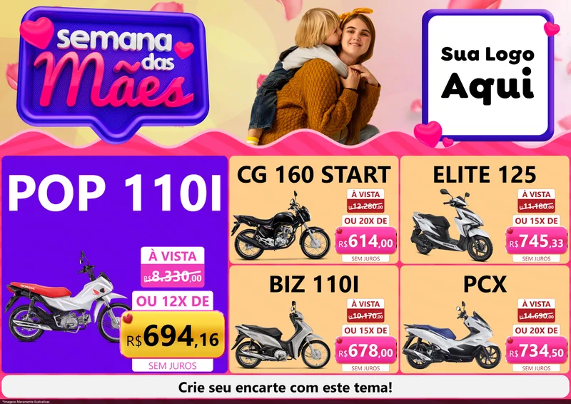 Modelo de Encarte para Encarte A4 Horizontal com o tema Semana das Mães para Concessionaria de Motos