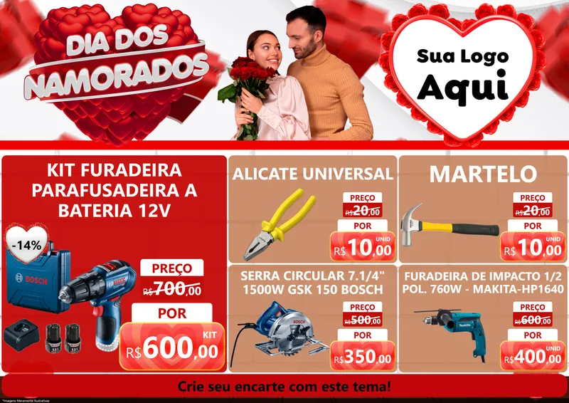 Modelo de Encarte para Encarte A4 Horizontal com o tema Dia dos Namorados para Maquinas e Ferramentas