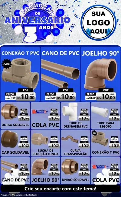 Modelo de Encarte para Encarte Grande com o tema Promoção de Aniversário - 3 Anos para Tubos e conexões