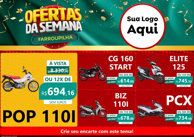 Modelo de Encarte para Encarte A4 Horizontal com o tema Ofertas da Semana Farroupilha para Concessionaria de Motos