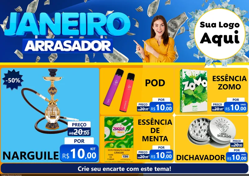 Modelo de Encarte para Encarte A4 Horizontal com o tema Janeiro Arrasador para Tabacaria