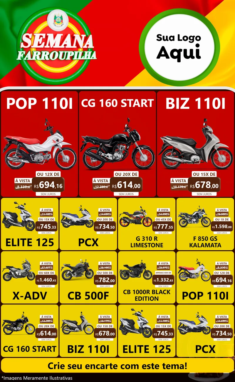 Modelo de Encarte para Encarte Grande com o tema Semana Farroupilha para Concessionaria de Motos